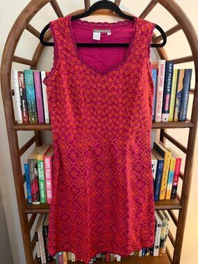 Isabella Bird Embroidered Sleeveless Cotton Dress | Pink‎ & Orange | Size 10 |